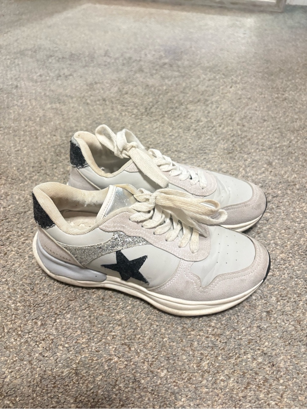 Vintage Havana Cream Sneakers with Black Star and Silver Glitter Detail